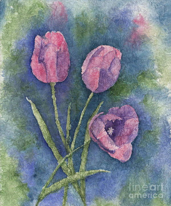 Tulips Art Print featuring the painting Three Pink Tulips 2 by Conni Schaftenaar