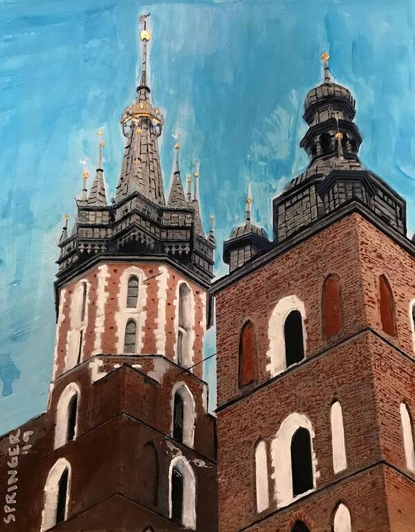 Towers Of St. Mary's Basilica Art Print featuring the painting Towers of St. Mary's Basilica, Krakow, Poland by Gary Springer