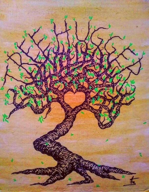 Trees Art Print featuring the drawing Tree Hugger Love Tree w/ foliage by Aaron Bombalicki