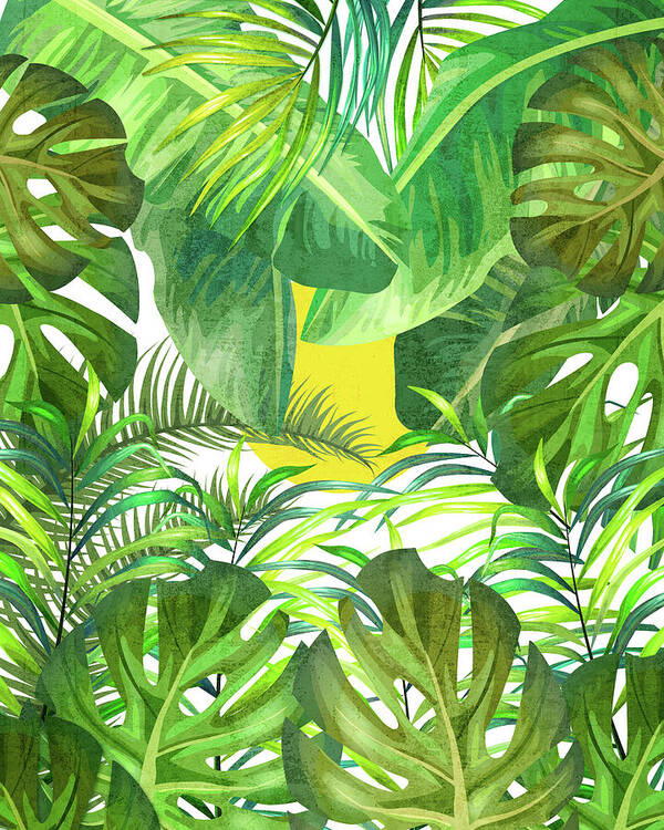 Tropical Art Print featuring the mixed media Tropical Leaf Pattern 01- Banana, Palm Leaf, Monstera Leaf - Green, Freshness, Tropical, Botanical by Studio Grafiikka