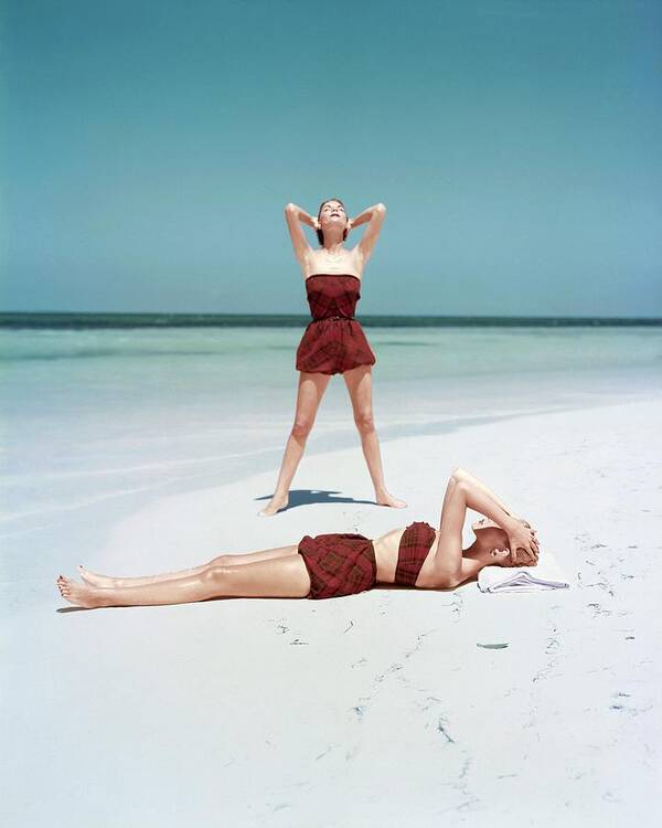 Fashion Art Print featuring the photograph Two Models in Wool Tartan Swimsuits, Vogue by John Rawlings