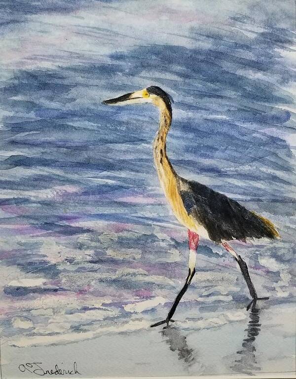 Herons Art Print featuring the painting Walk on the beach by Ann Frederick