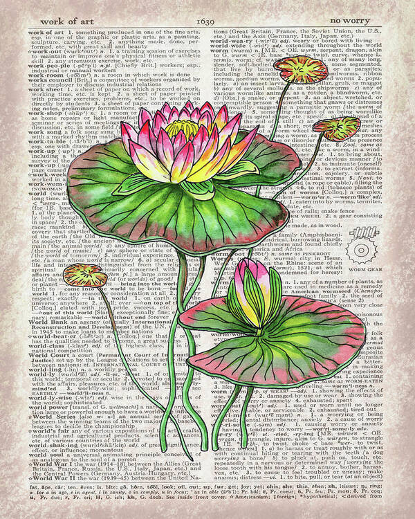 Dictionary Art Print featuring the painting Water Lily Dictionary Page Watercolor Art by Irina Sztukowski