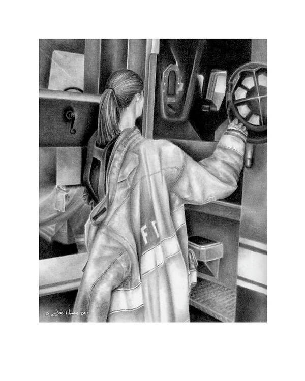 Firefighter Art Print featuring the drawing When the Tones Drop by Jodi Monroe