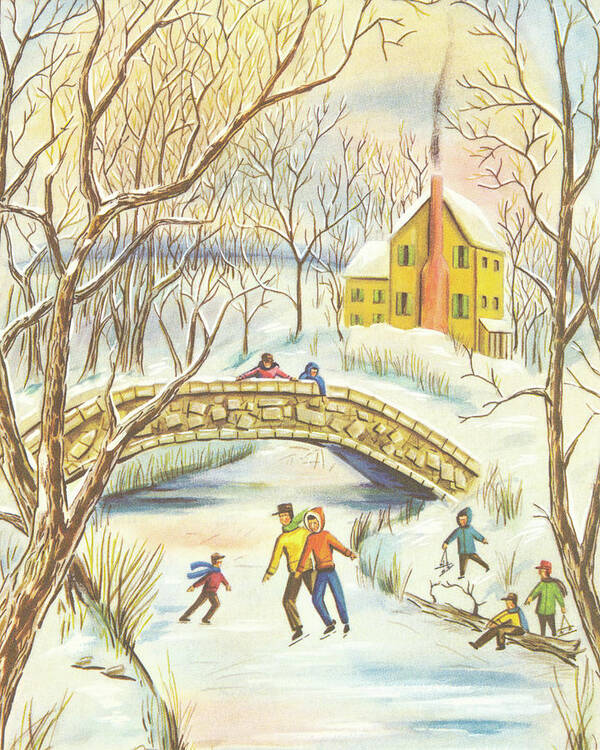 Across Art Print featuring the drawing Winter Ice Skating Scene by CSA Images
