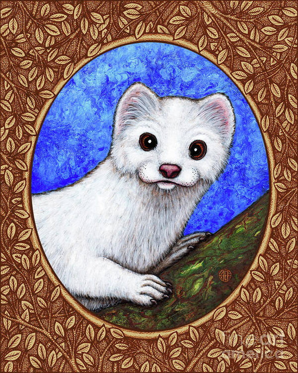 Animal Portrait Art Print featuring the painting Winter Weasel Portrait - Brown Border by Amy E Fraser