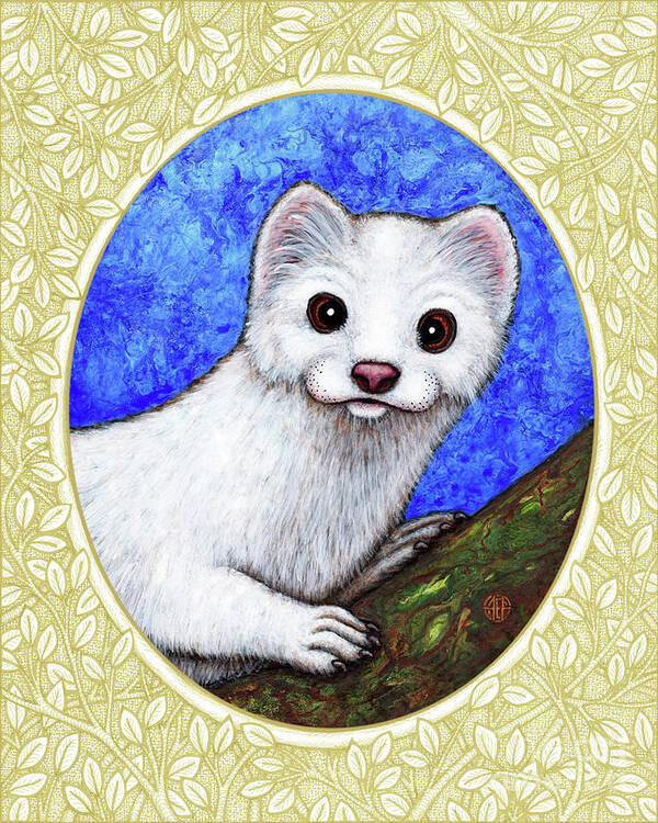 Animal Portrait Art Print featuring the painting Winter Weasel Portrait - Cream Border by Amy E Fraser