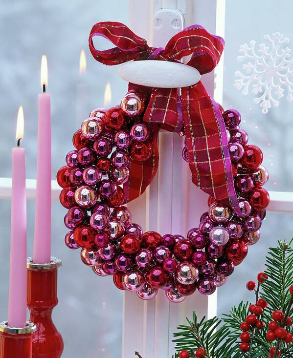 Wreath Of Small Red, Pink And Purple Christmas Tree Balls On