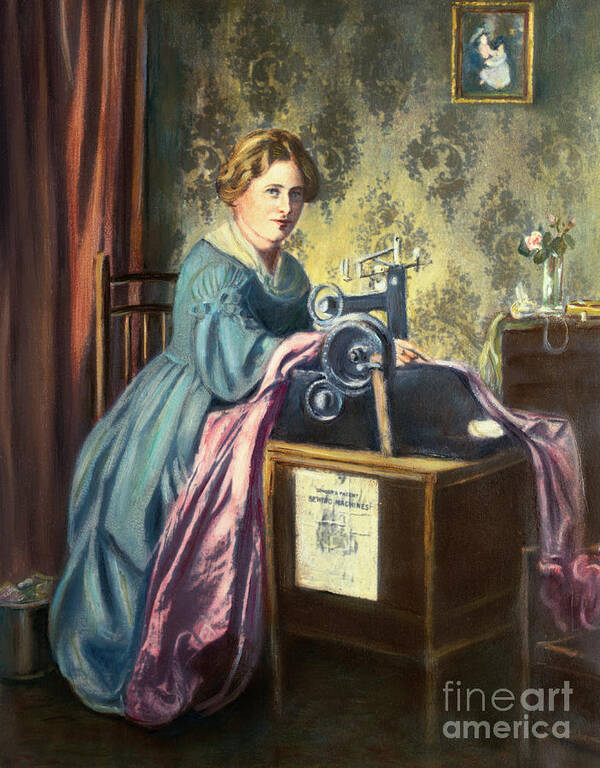 Working Art Print featuring the photograph Young Woman Using Early Sewing Machine by Bettmann