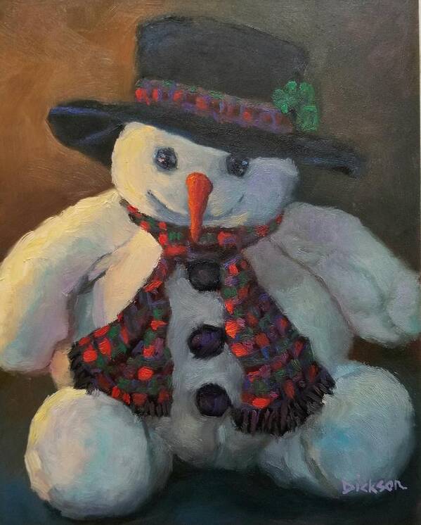 Snowman Christmas Stuffed Animal Holidays Winter Snow Snowflake Wisconsin Driftless Region Art Print featuring the painting Grinning Snowman #2 by Jeff Dickson