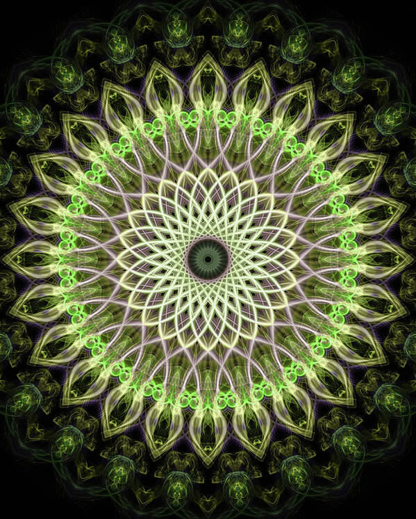 Mandala Art Print featuring the digital art Neon green mandala #1 by Jaroslaw Blaminsky
