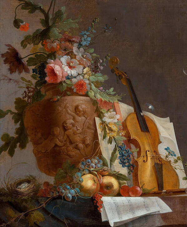 Jean-jacques Bachelier Art Print featuring the painting Still life with flowers and a violin #1 by Jean Jacques Bachelier