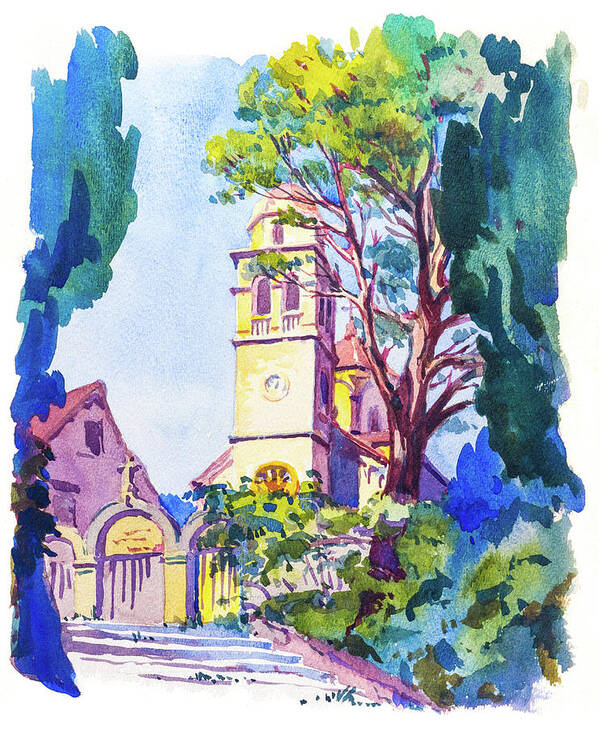 1930s Art Print featuring the painting Church steeple in Herceg Novi, Montenegro, Dalmatia, 1938 by Viktor Wallon-Hars