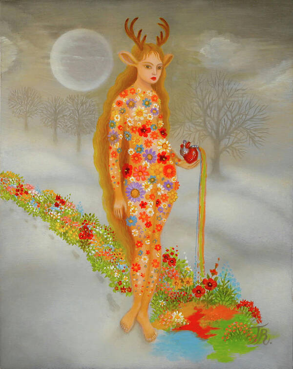 Deer Goddess Art Print featuring the painting A broken heart can bring forth all the flowers of spring by Tino Rodriguez