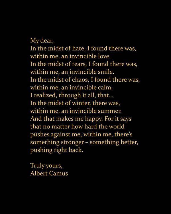 Albert Camus Art Print featuring the digital art Albert Camus Quote - Invincible Summer 2 - Typewriter Print - Minimalist, Inspiring Literary Quote by Studio Grafiikka