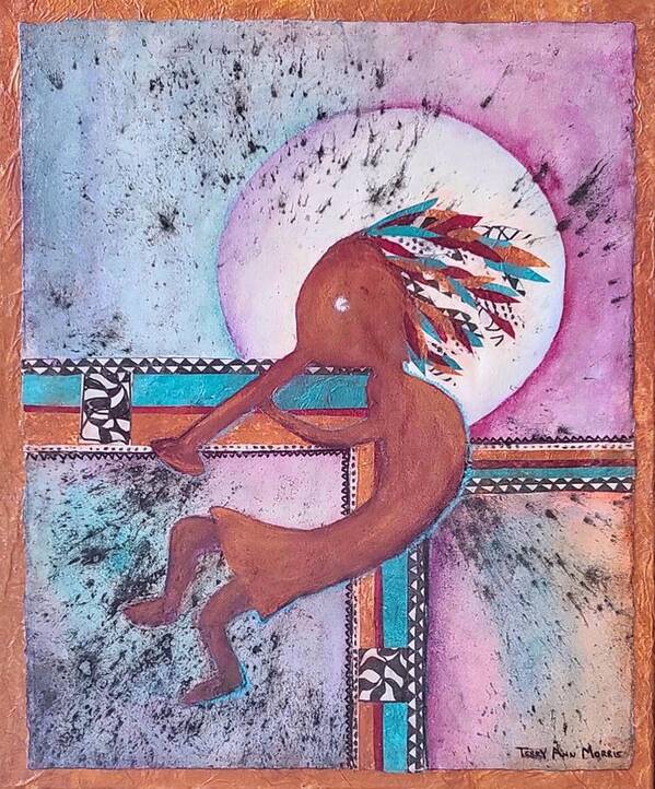 Kokopelli Art Print featuring the mixed media All Who Wander Are Not Lost by Terry Ann Morris