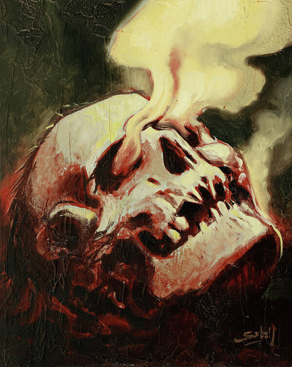 Skull Art Print featuring the painting Smoking Skull by Sv Bell