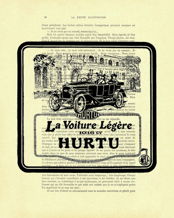 Oldtimer Art Print featuring the digital art Antique Hurtu oldtimer ad on a French book page by Madame Memento