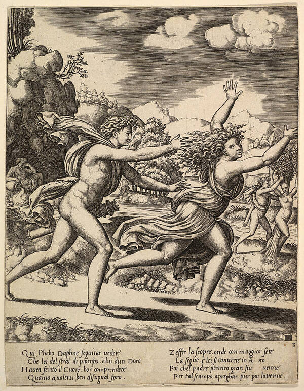 Master Of The Die Art Print featuring the drawing Apollo chasing Daphne by Master of the Die