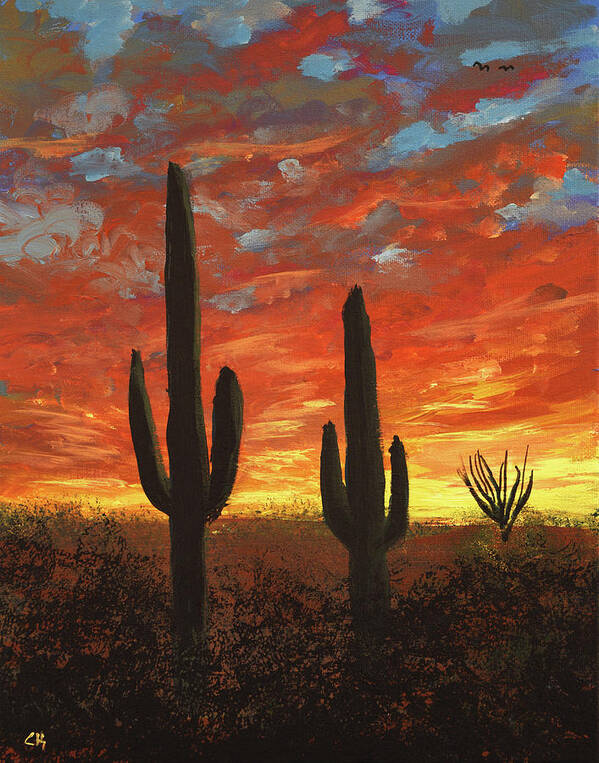 Arizona Art Print featuring the painting Arizona Sunset and Saguaro Cacti by Chance Kafka