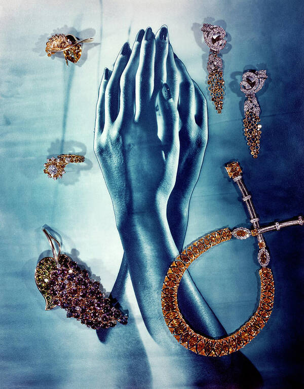 Still Life Art Print featuring the photograph Assortment of Jewelry on Sketch of Hands by Erwin Blumenfeld