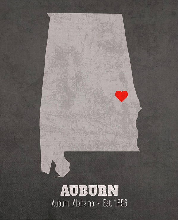 Auburn University Art Print featuring the mixed media Auburn University Auburn Alabama Founded Date Heart Map by Design Turnpike