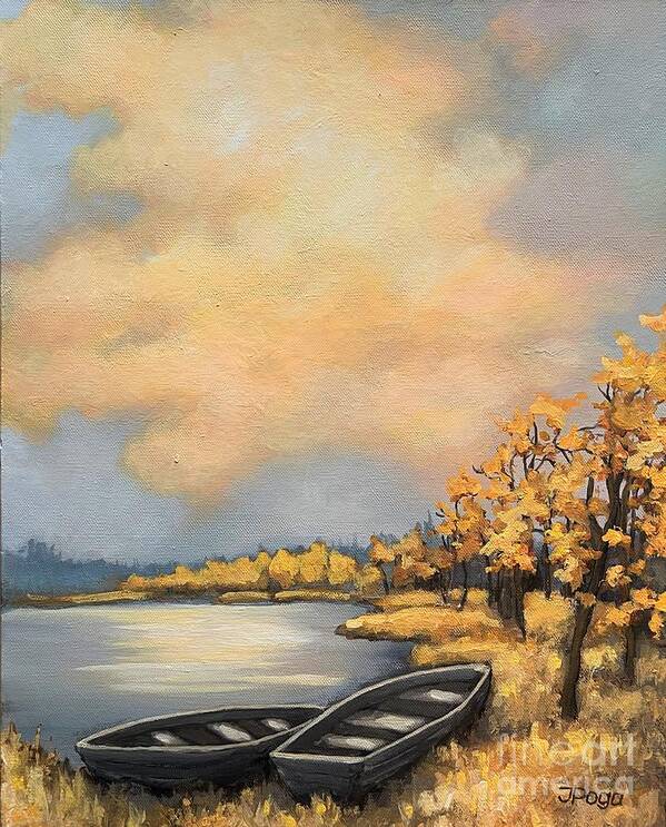 Sunset Art Print featuring the painting Autumn boats by Inese Poga