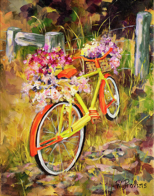 Bicycle Art Print featuring the mixed media Bicycle with Flower Baskets #1 by Wendy Provins