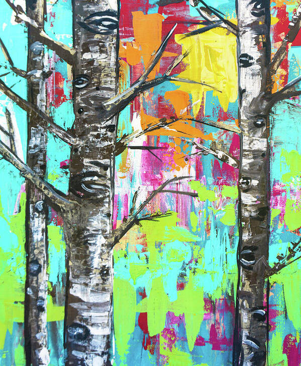 Birch Art Print featuring the painting Birch Wood Trees at Sunset in the Forest by Joanne Herrmann