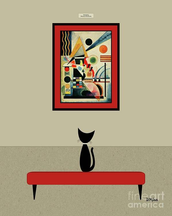 Wassily Kandinsky Art Print featuring the digital art Black Cat Admires Kandinsky Painting by Donna Mibus