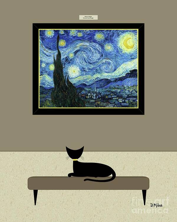 Cat Art Print featuring the digital art Black Cat Admires Starry Night Painting by Donna Mibus
