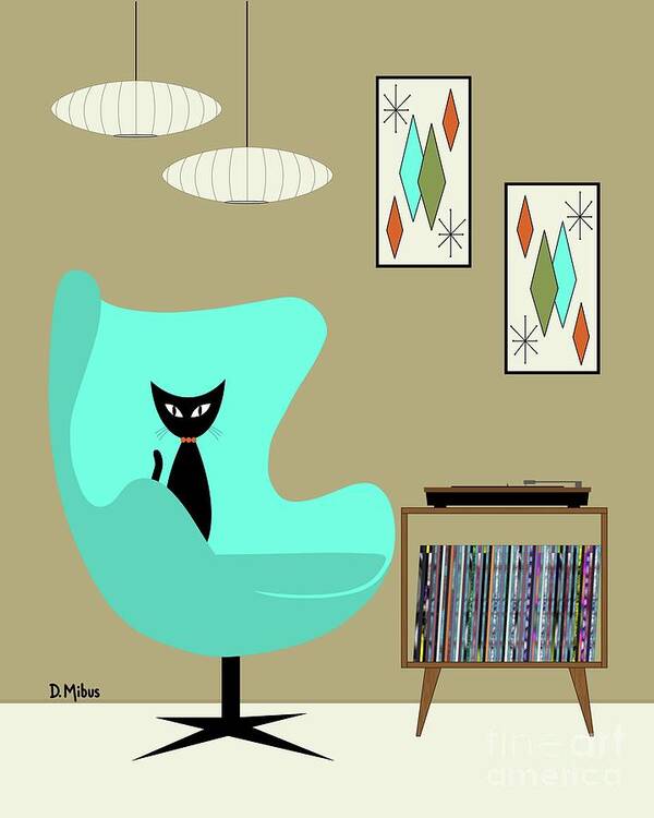 Mid Century Black Cat Art Print featuring the digital art Black Cat in Record Player Room by Donna Mibus