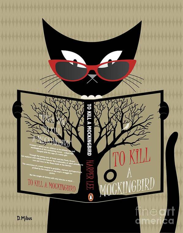 Cat Reads A Book Art Print featuring the digital art Black Cat Reads a Book by Donna Mibus