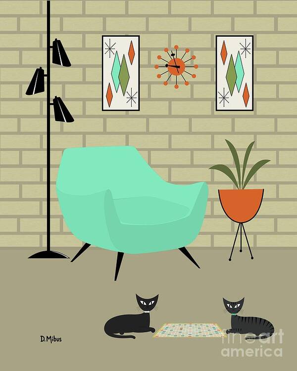 Mid Century Room Art Print featuring the digital art Cats Play Scrabble Game by Donna Mibus