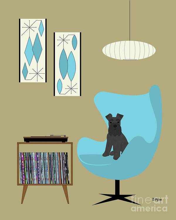 Mini Schnauzer Dog Art Print featuring the digital art Black Mini Schnauzer with Record Player by Donna Mibus