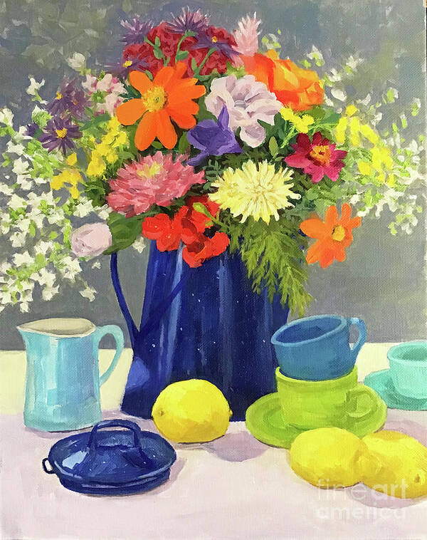 Blue Art Print featuring the painting Blue Coffeepot Bouquet by Anne Marie Brown