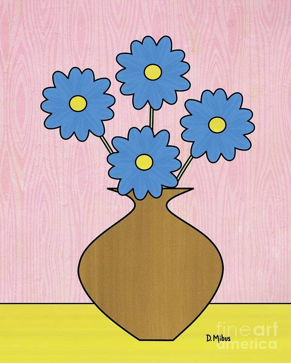 Mid Century Floral Art Print featuring the mixed media Blue Flowers in Brown Vase by Donna Mibus