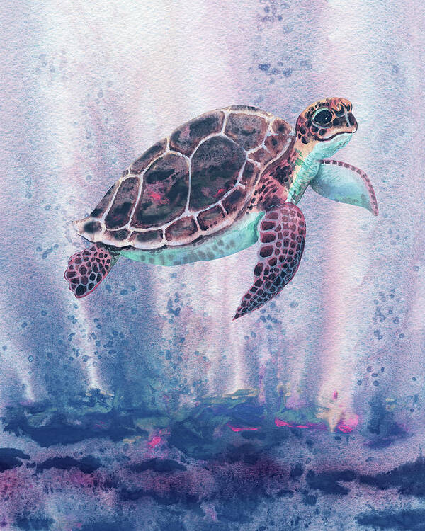 Blue Art Print featuring the painting Blue Sea Giant Turtle Watercolor by Irina Sztukowski