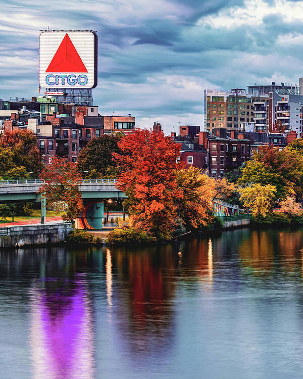 Citgo Sign Art Print featuring the photograph Boston Citgo Sign and Autumn Landscape Along The Charles River by Gregory Ballos
