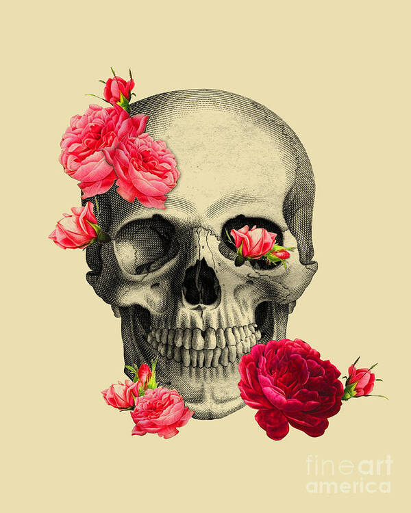Skull Art Print featuring the digital art Bright Pink Floral Skull by Madame Memento