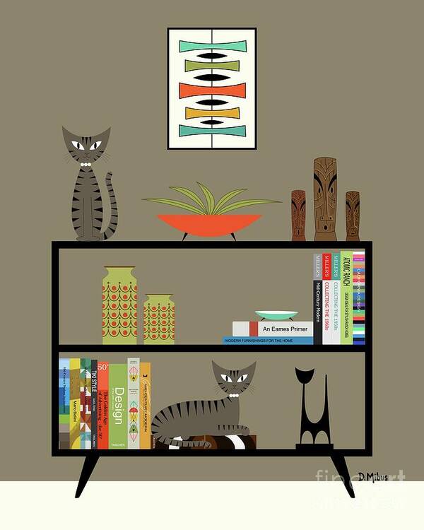 Mid Century Modern Brown Gray Tabby Cats Art Print featuring the digital art Brown Gray Tabby Cats on Bookcase by Donna Mibus