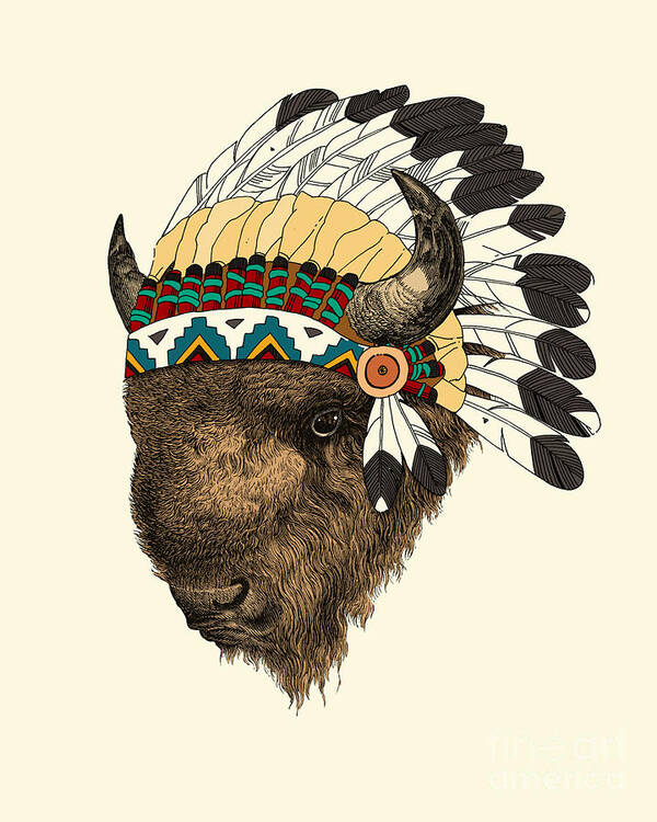 Buffalo Art Print featuring the digital art Buffalo with indian headdress in color by Madame Memento