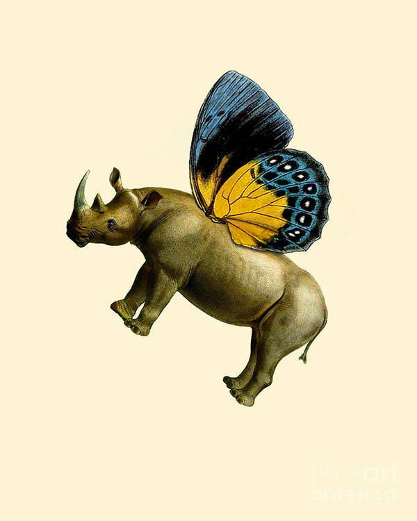 Rhino Art Print featuring the digital art Butterfly Rhinoceros by Madame Memento