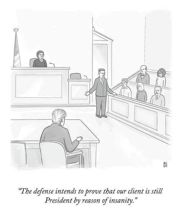 The Defense Intends To Prove That Our Client Is Still President By Reason Of Insanity. Art Print featuring the drawing By Reason of Insanity by Paul Noth