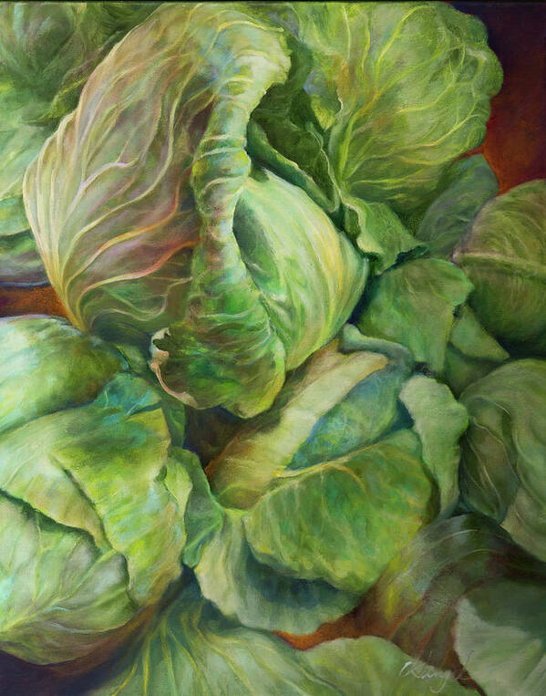 Cabbages Art Print featuring the painting Cabbage Harvest by Carol Klingel