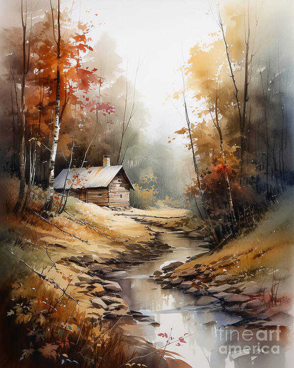Cabin Art Print featuring the digital art Cabin and Stream I by Jay Schankman