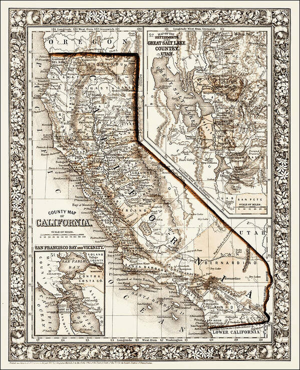 California Art Print featuring the photograph California Vintage County Map 1860 Sepia by Carol Japp