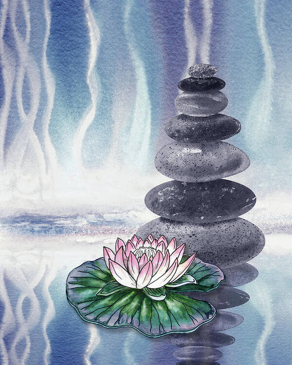 Zen Rocks Art Print featuring the painting Calm Peaceful Relaxing Zen Rocks Cairn With Flower Meditative Spa Collection Watercolor Art VIII by Irina Sztukowski