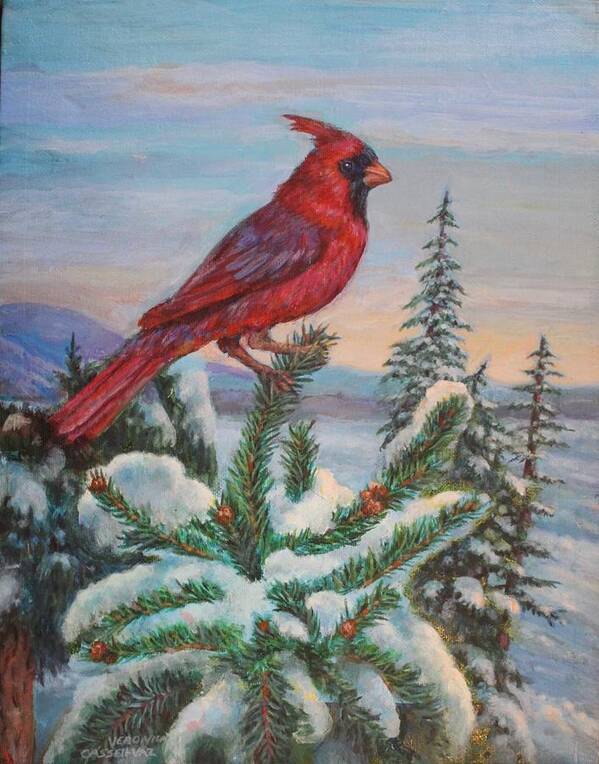 Snow Scene Art Print featuring the painting Cardinal Bird by Veronica Cassell vaz