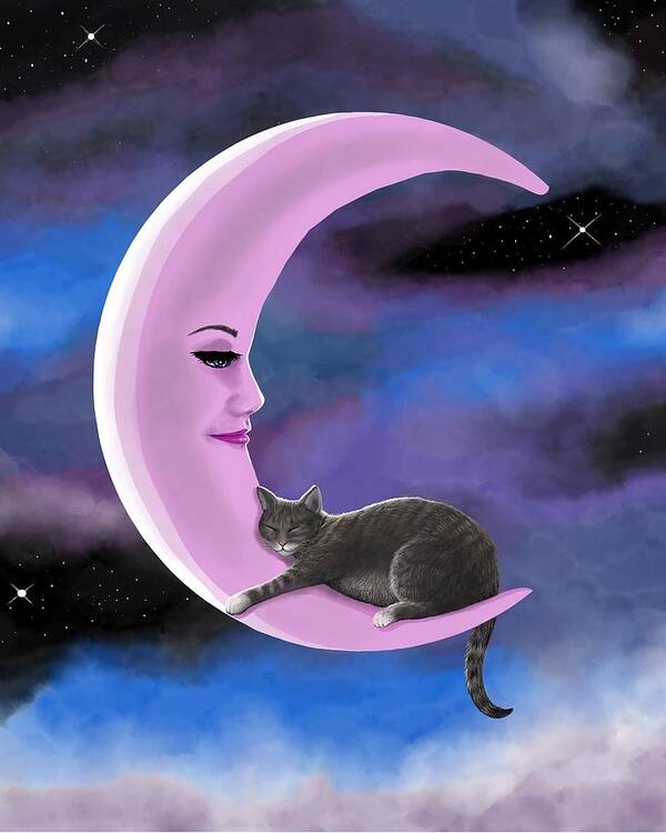Cat Art Print featuring the digital art Cat 661 Pink Moon by Lucie Dumas